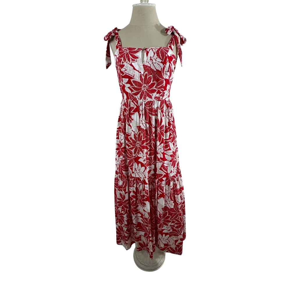 Luukse Red White Tropical Floral Tiered Midi Dress Smocked Back Small NWOT